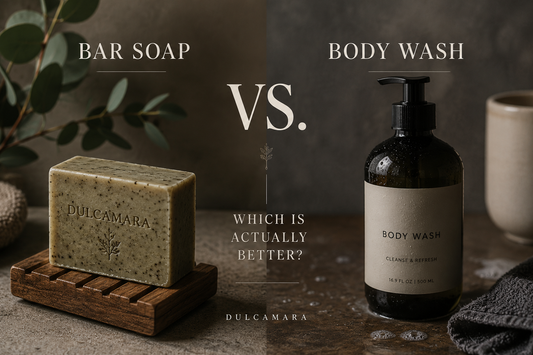 Handmade bar soap vs body wash comparison featuring artisan soap, minimalist grooming aesthetics, dark luxury bathroom setting, and premium men’s skincare concept by Dulcamara.